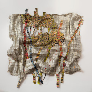 El Anatsui Strained Roots  2014 Aluminum and copper wire. Dimensions variable  Photo Jonathan Greet  Image courtesy October Gallery