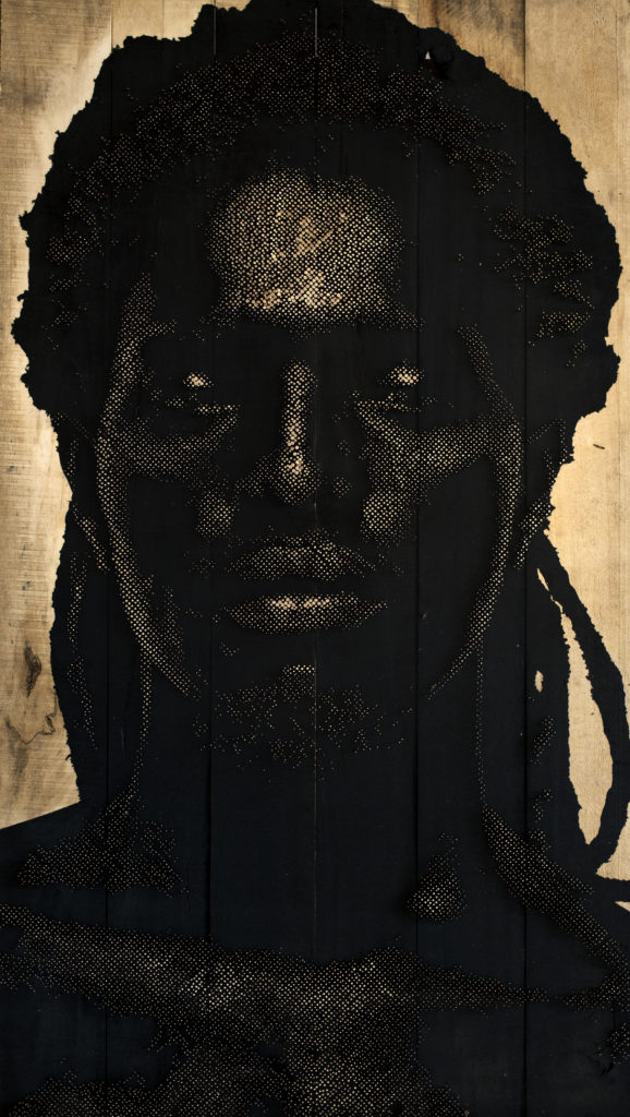 Alexis Peskine, Boy Dakar, 2016. Moon gold leaf, Nails, lacquer & varnish on Carriage (steel & wood), 4’ x 8’ x 4’. Image the artist, Courtesy October Gallery.