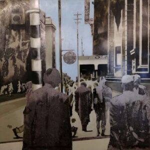 Kramer_ Jozi Walkers (Market Street), 2019_Oil Paint and Print on Steel_ 1200 x 1140mm