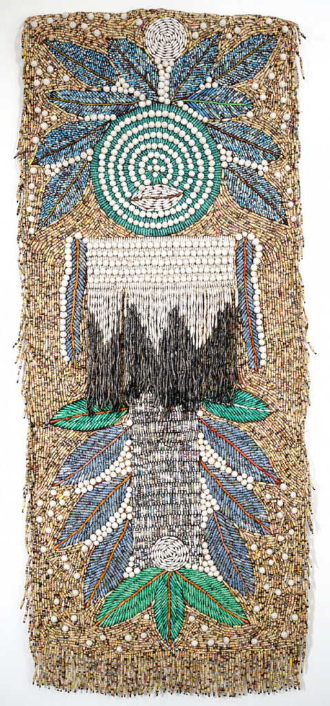 Sanaa-Gateja,-Early-Days-1,-2021,-Paper-beads-and-bark-cloth-on-hand-woven-raffia,-63-x-151-cm,-Courtesy-of-Afriart-Gallery-large